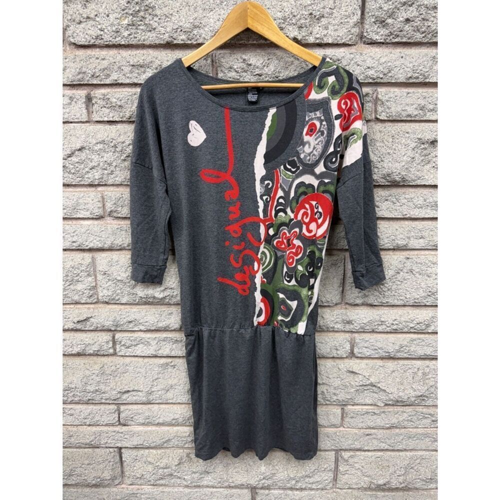 Desigual Charcoal Graphic Midi Dress with Red & Green Print